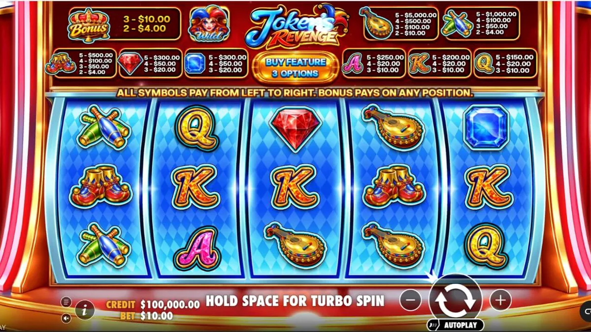 Joker's Revenge slot machine interface com tema de arlequim